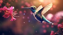 A Hummingbird, Hovering Near A Vibrant Blossom, A Fleeting Moment Of Nature's Magic.