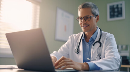 Smiling male doctor in medical coat sitting at desk using laptop computer for medical research