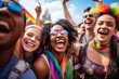 © Moritz - Joyful celebration of diversity at a pride event: Diverse group of people from various cultural backgrounds celebrating together in a vibrant, inclusive atmosphere