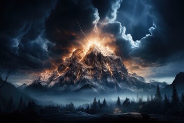 Wall Mural - an awe-inspiring image of a mountain hit by lightning against the backdrop of the milky way galaxy b