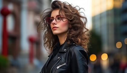 Wall Mural - Portrait of a young woman in a leather jacket and glasses against the background of the city