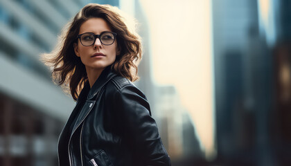 Wall Mural - Portrait of a young woman in a leather jacket and glasses against the background of the city