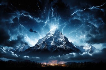 Wall Mural - an awe-inspiring image of a mountain hit by lightning against the backdrop of the milky way galaxy b