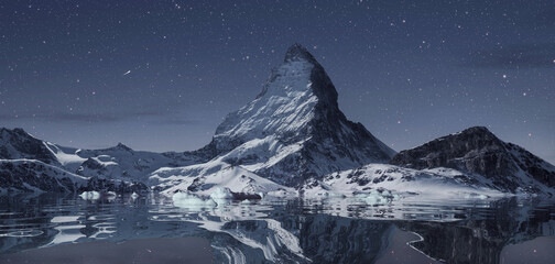 Wall Mural - Digital composition of the Matterhorn mountain reflected on the water surface in front of a starry sky at night