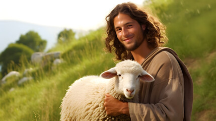 Wall Mural - Jesus recovered the lost sheep carrying it in arms. Biblical story conceptual theme.