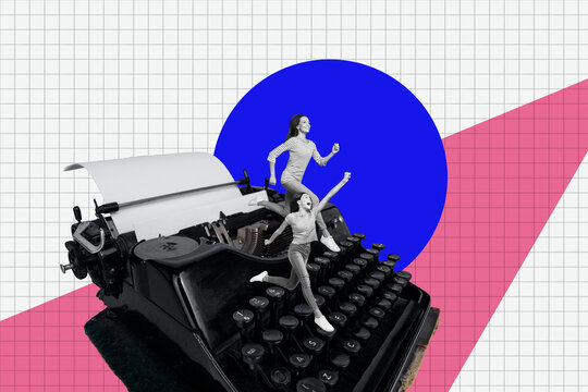 Collage creative picture of miniature funny girls running on retro keyboard doing homework essay isolated on checkered white background