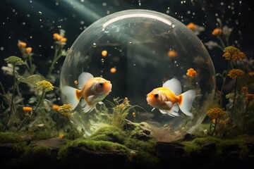 3d Gold fishes in the abstract aquarium