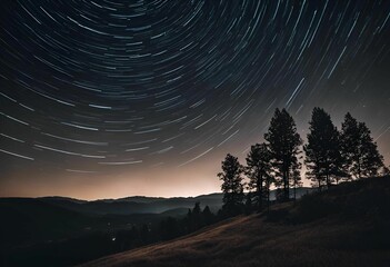 Wall Mural - the night sky is covered by many stars and the silhouettes of trees