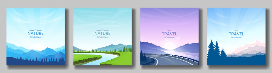 Wall Mural - A collection of natural landscapes. Countryside, highway, mountain views. Minimalistic vector images. Design for cover, poster, postcard, invitation, web background.