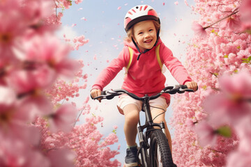 Wall Mural - Happy girl riding a bicycle on a pink floral background.