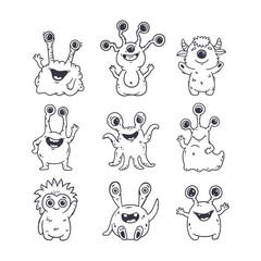 Wall Mural - big set of cute cartoon monsters in doodle style. funny characters on white background for magazins,