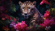 a gentle tiger lies and looks at the camera with a slight pink tint in the wild created with Generative Ai