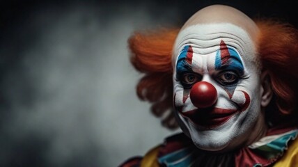 Wall Mural - close-up portrait of scary clown against dark background with space for text, AI generated, background image