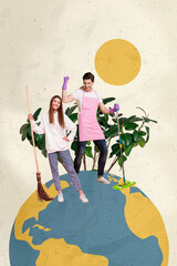 Poster - Picture collage eco activist couple enjoy cleaning planet housekeepers use mop and broomstick make earth clean isolated on beige background