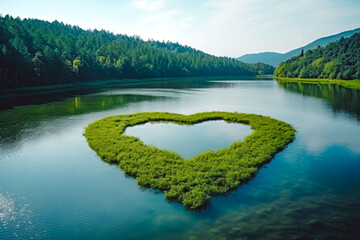 Wall Mural - Greens in the shape of a heart on a lake in the middle of untouched nature, beautiful top view of lake surrounded by green forest