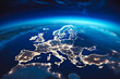 Spectacular close up shot of beautiful planet earth from space with europe continent light up, city lights over europe