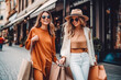 Girls walking down the street with shopping bags and smiling at each other, friends spending quality time together while shopping
