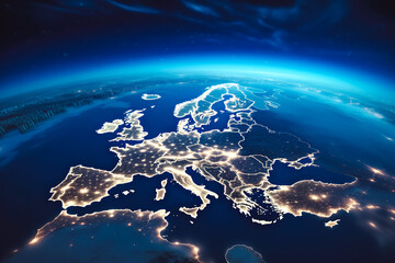 Wall Mural - spectacular close up shot of beautiful planet earth from space with europe continent light up, city 