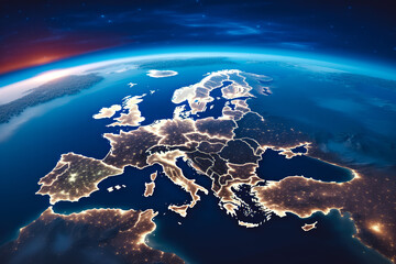 Wall Mural - spectacular close up shot of beautiful planet earth from space with europe continent light up, city 