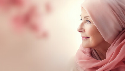 Wall Mural - European woman with pink headscarf world cancer day concept