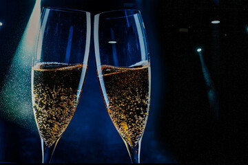 Poster - two glasses of champagne and holiday lights - new year celebration