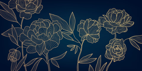 Vector art deco flower pattern background, gold line art, nature floral illustration. Hand drawn wavy plants for packaging, cover, banner, creative post and wall arts. Japanese style.