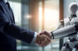 © Andrii Yablonskyi - in a futuristic office with many people, one office person gives handshake to AI robot created with Generative Ai