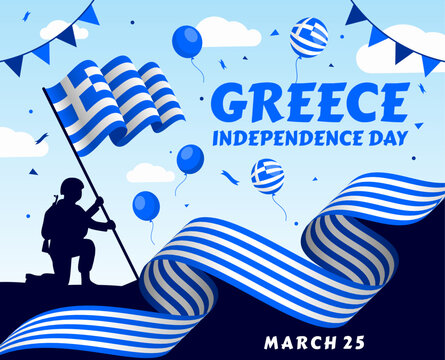 Greece Independence Day typography poster. Greek holiday celebrate on March 25. Vector template for banner, flyer, sticker, greeting card, postcard, etc.

