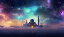 Beautiful Mosque With Colored Smoke And Clouds In The Sky, Ramadan Concept