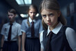 Sad or upset girl at school, social exclusion problem. School bullying concept. The problem of racism.generative ai