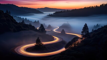 Sticker - Car headlights and traffic lights on a winding road