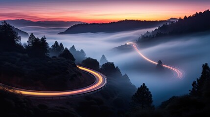 Sticker - Car headlights and traffic lights on a winding road