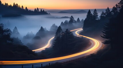 Wall Mural - Car headlights and traffic lights on a winding road