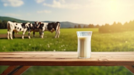 empty table table top with blur background of dairy cow farm, Advertisement, Print media, Illustration, Banner, for website, copy space, for word, template, presentation