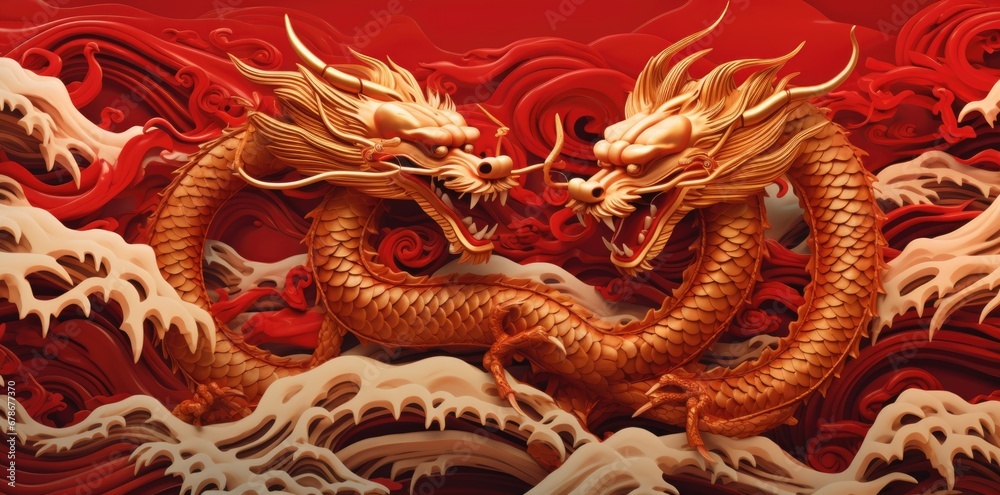 Gold dragon on a red background Stock Photo | Adobe Stock