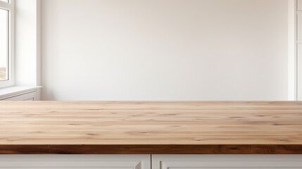 Sticker - Wooden light empty table top in modern white kitchen, kitchen panel in interior