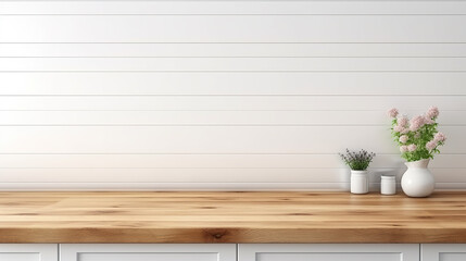 Wall Mural - Wooden light empty table top in modern white kitchen, kitchen panel in interior