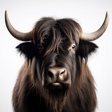 Fototapeta Zwierzęta - a long haired Yak Buffalo portrayed in studio on a white background tion created with Generative Ai