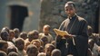 Black African pastor or priest preaching in village outside to group of poor looking children.