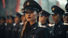 Group Of Asian Women In Military Or Police Uniforms Standing At Army Ceremony