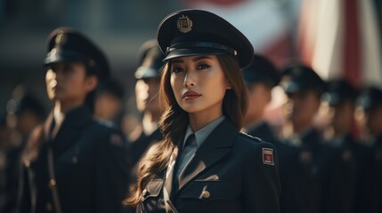 Wall Mural - Group of Asian women in military or police uniforms standing at army ceremony