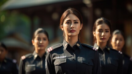 Wall Mural - Group of Asian women in military or police uniforms standing at army ceremony