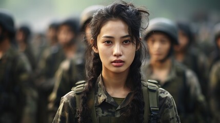 Group of young Asian women in military digital camouflage uniforms standing at army