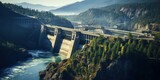 Fototapeta  - Hydroelectric power dam on a river in mountains, aerial view.