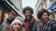 A cheerful family meanders through the city streets, immersed in the enchanting vibes of a Christmas market on a wintry afternoon.