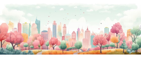 Hand drawn cityscape cartoon on pastel color background. AI generated