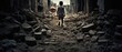 Little boy walking in the ruins of a building after an air strike in the war. AI generated