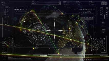 World map 3D intro.Sci Fi cosmic technological cyberspace HUD. Global connection.5D towers connections.Globe Earth satellites and paths. 2