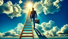 Business Ascent On A Ladder Through Clouds, A Metaphor For Career Ambition, Leadership Growth, And Motivational Success.Generative AI