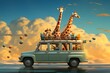 Exploring with Style: A Blue Jeep and Giraffe in a Storytelling Experience